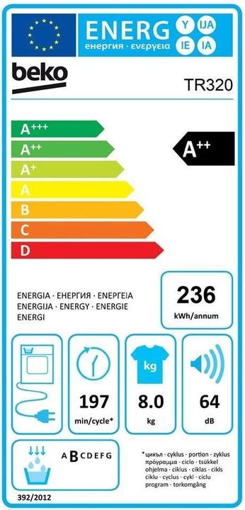 Label énergétique Beko TR320 (8 kg, Droite)