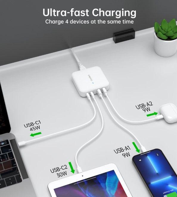 Productafbeelding Choetech PD8008 100W GaN snellader 2x USB-A / 2x USB-C - wit (100 W)