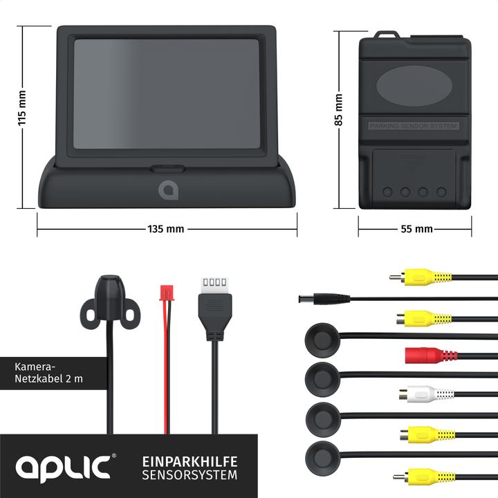 Produktbild Aplic Rückfahrkamera, Einparkhilfe mit 4x Parksensoren, Kamera & 4,3" Monitor mit Nachtsicht