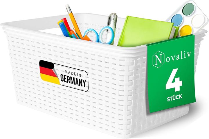 Produktbild Novaliv 4 Stück Elegante Aufbewahrungskörbe in Rattan-Optik | Weiss Kunststoff 14L? für Büro und Zuh (14 l)
