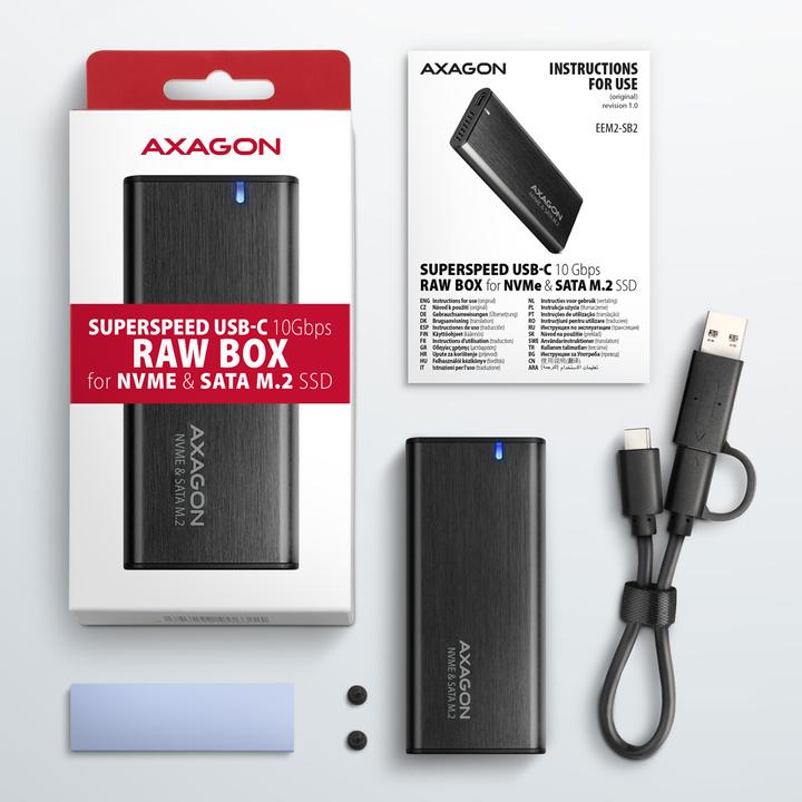 Actual product image Axagon EEM2-SB2 USB-C 3.2 Gen 2, M.2 SSD Enclosure - black (M.2 2260, M.2 2242, M.2 2280)