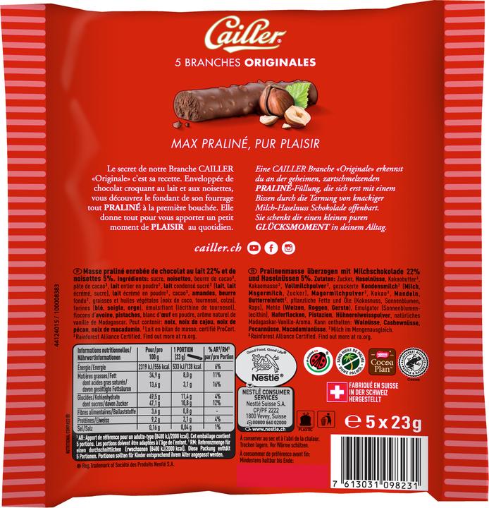 Produktbild Cailler Branches Milchschokoladenriegel L'Originale S 5 Stücke (115 g)