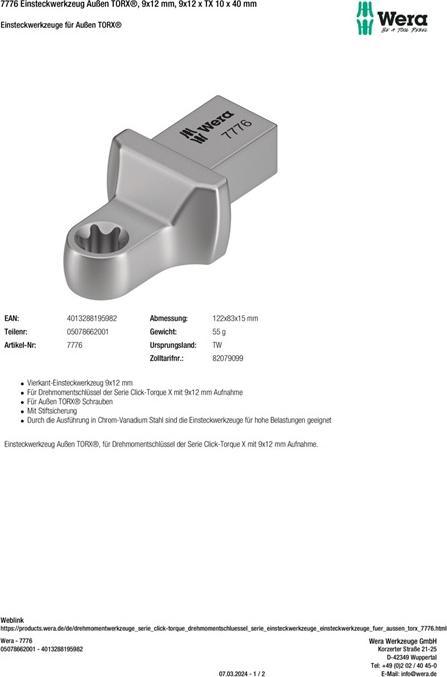 Nutritional values and ingredients Wera 7776 9x12mm E10