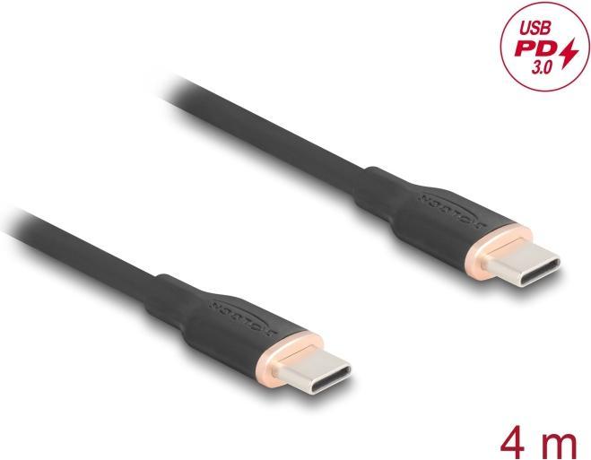 Produktbild Delock 81240 - USB 2.0 Kabel USB Type-C Stecker zu Stecker PD 3.0 60 W 4 m schwarz Silik (4 m, USB 2.0, 60 W)
