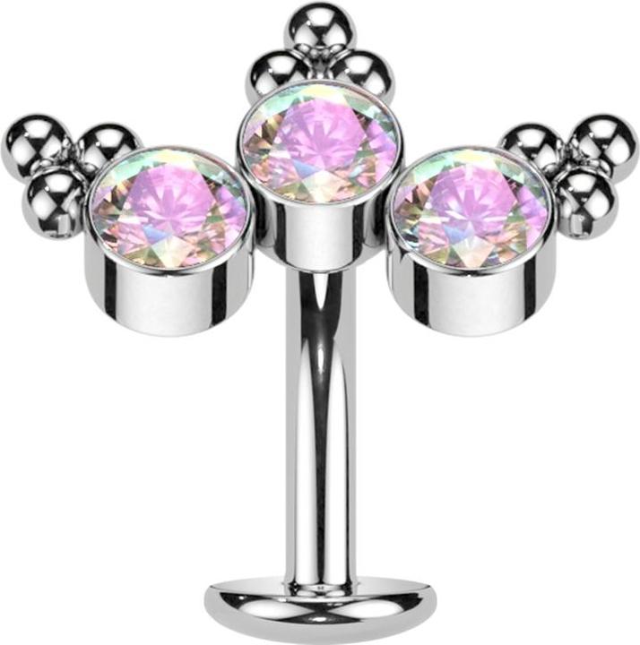 Star Piercing Threadless Labret-Stab Banane silber dreiecks Kugeln drei Kristalle multicolor (Titan G23)