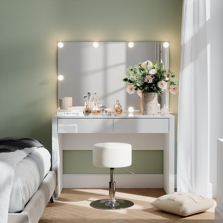 Produktbild Vichy Schminktisch Annabelle, Weiss Hochglanz/Weiss, 110 cm mit LED-Beleuchtung und Hocker (110 x 50 x 75.5 cm)