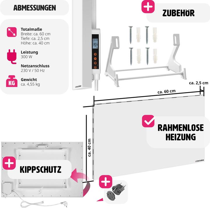 Produktbild tectake Infrarotheizung mit Thermostat und Kippschutz (300 W)