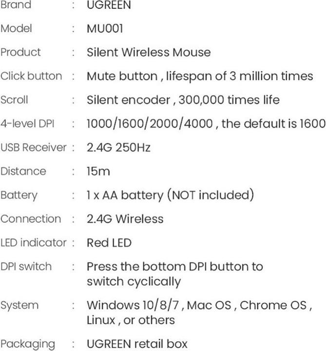 Nährwerte und Zutaten Ugreen Wireless mouse MU001 (Kabellos)