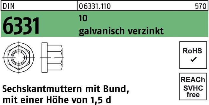 Produktbild Sechskantmutter DIN 6331 m.Bund M 12 SW 18 10 galvanisch verzinkt (M12)