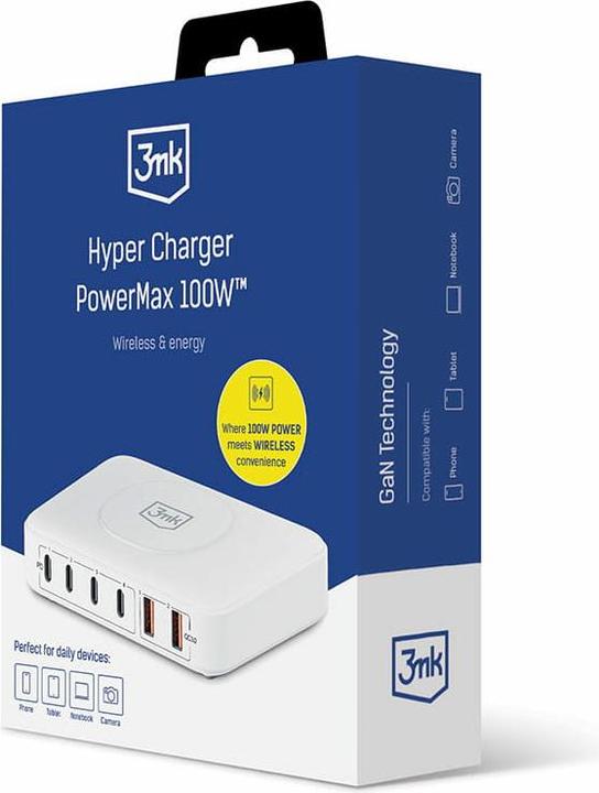 Produktbild 3MK Hyper Charger PowerMax 100W 4xUSB-C + 2xUSB-A stacja ładująca z ład. indukcyjną QC+PD (100 W)