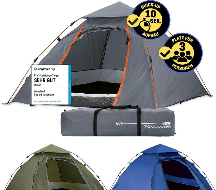 Produktbild Where Tomorrow Kuppelzelt 3 Personen - Grau, Anzahl Personen: 3 (Kuppelzelt, 3.80 kg, 3 Personen)