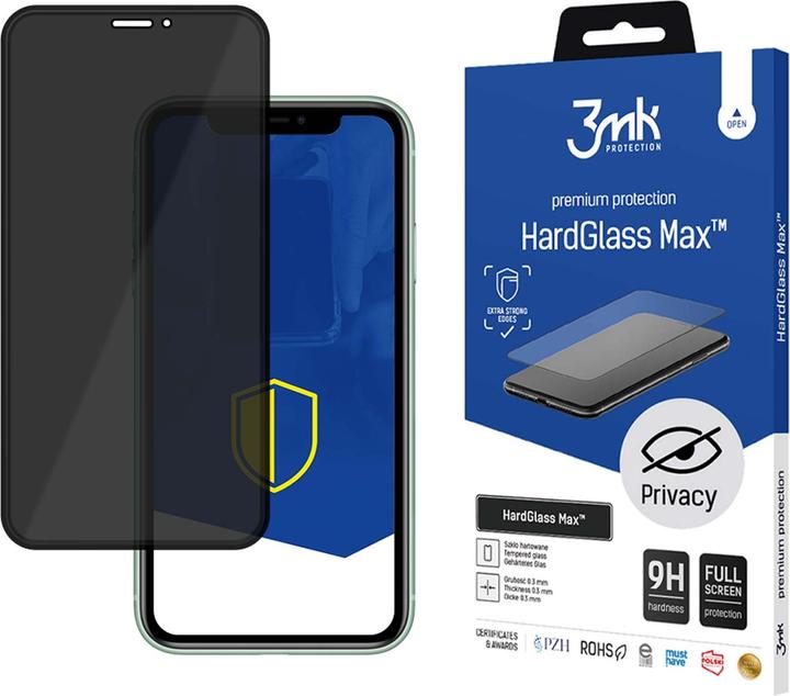 3MK HardGlass Max Sichtschutzfolie, Apple, iPhone XS Max, Tempered Glass, transparent/Schwarz (1 Stück, Apple iPhone XS Max)