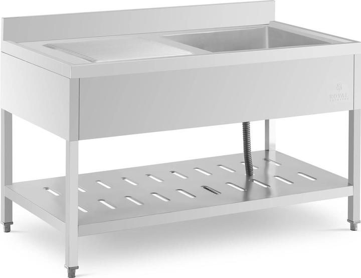 Actual product image Royal Catering Spültisch Spülbecken Edelstahlspüle Gastrospüle mit Regal 140 x 70 cm (Fitted sink with draining board, 25 cm, 70 cm)