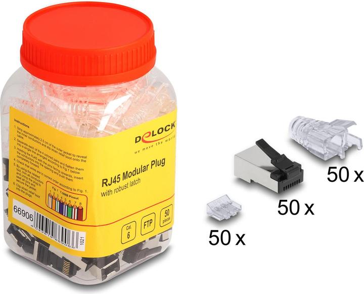 Image du produit Delock Connecteur modulaire RJ45 avec ergot d'arrêt robuste Cat.6 et manchon anti-pli, lot de 50 (Câbles de réseau)