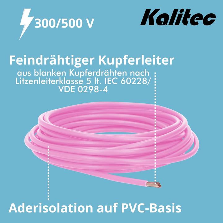 Produktbild Kalitec 10 Meter H05V-K 1 mm² rosa Verdrahtungsleitung I Aderleitung flexibel I PVC Einzelader I Lit (10 m)