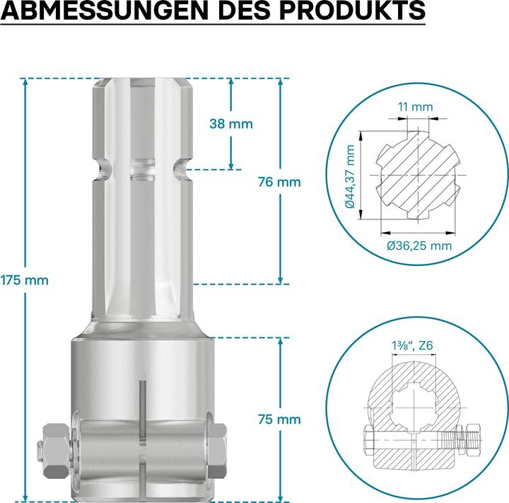Produktbild Wiltec Zapfwelle 175mm Buchse Keilwellenaufnahme 1 3/8" Z6 für Ausgangswelle 1 3/4" Z6 (Traktorzubehör)