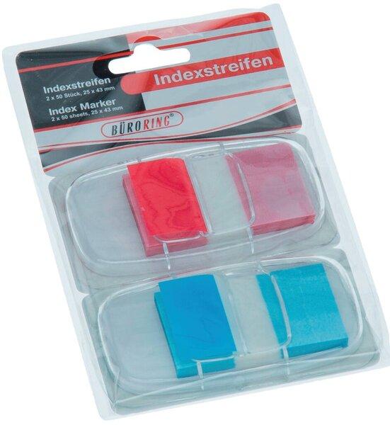 Büroring Haftstreifen, 25 x 43 mm, 2 x 50 Streifen, Plastik, sortiert rot, blau (25 x 43 mm)