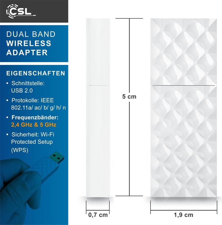 Produktbild CSL WLAN USB Adapter, WIFI Dual Band Stick Dongle 433 MBit/s, 2,4 GHz / 5 GHz, 802.11ac, WPS, Windows 11 (USB 2.0)