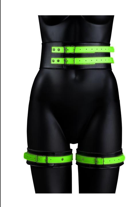 Actual product image Ouch! Thigh Cuffs with Belt and Handcuffs - Glow in the Dark - S/M