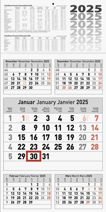 Fünfmonatskalender (30 x 45 cm, Harter Einband, Englisch, Deutsch, Französisch)