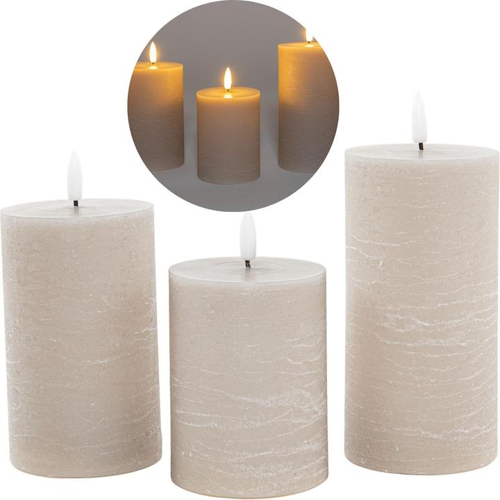 Novaliv 3er Set Led Kerzen 7,5cm ø Kerze flackernde Flamme mit Fernbedingung GRAU TAUPE 15 cm + 12,5 cm + 10 (3 x)