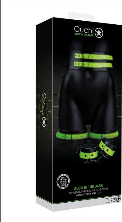 Actual product image Ouch! Thigh Cuffs with Belt and Handcuffs - Glow in the Dark - S/M