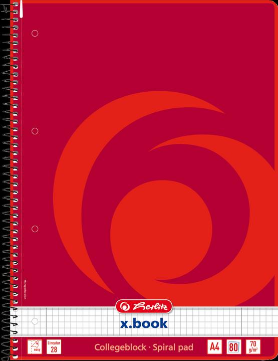 Actual product image Herlitz Collegeblock x-book, DIN A4, 80 sheets, squared, ruling 28, margin left and right, 70 gsm, woodfree (A4, Checked, No binding)