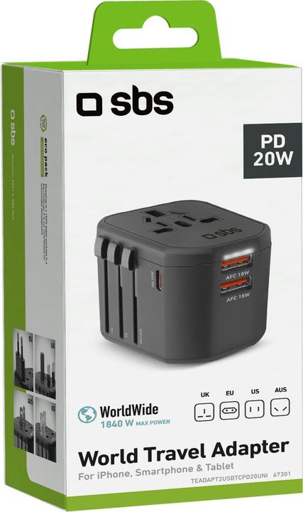 Actual product image SBS Universal travel adapter with 2 USB ports and 1 type-C PD20W