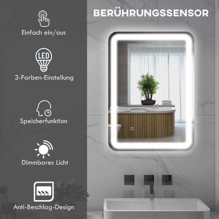 Produktbild Swisshandel24 Badezimmerspiegel, beleuchtet, Touch-Steuerung, beschlagfrei, dimmbar, 3 Lichtfarben, 50x70, Silber (50 x 70 x 4 cm)