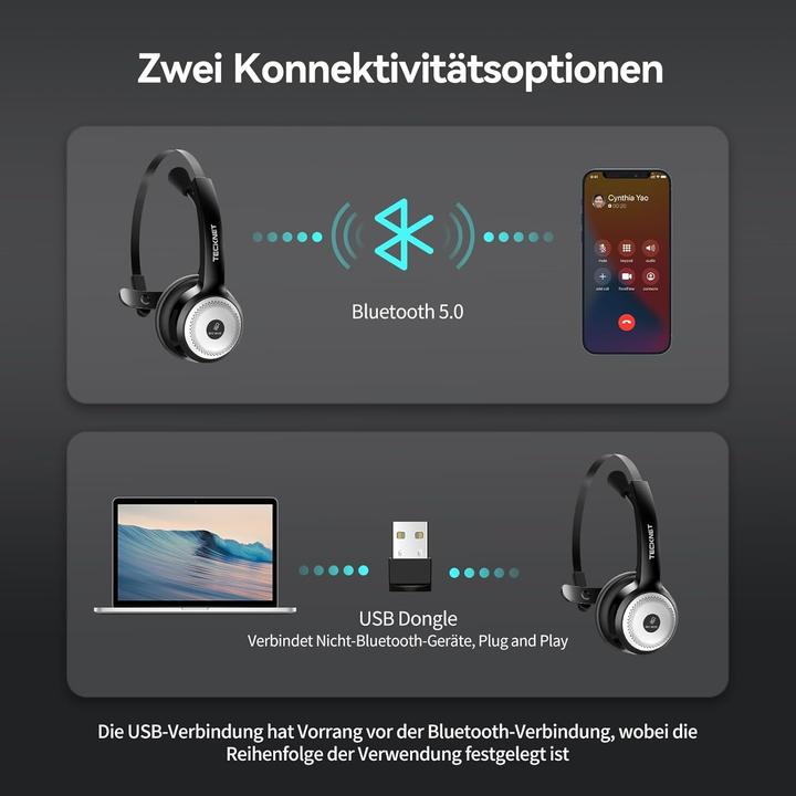 Produktbild Tecknet Bluetooth Headset mit Mikrofon, nur 79g (Kabellos, USB-C)
