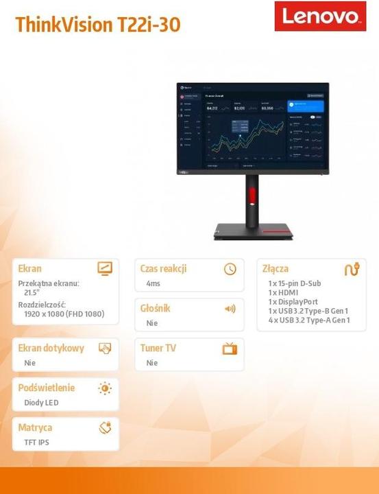 Image du produit Lenovo ThinkVision T22i-30 (1920 x 1080 pixels, 21.50")
