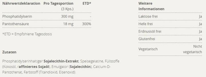 Nährwerte und Zutaten Burgerstein Brain PS (60 Stück, Kapseln, 120 g)