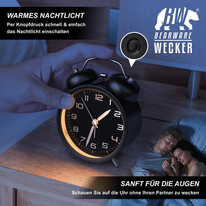 Produktbild Bearware Wecker analog, rund, mit Licht, Retro, lauter Glockenalarm, Beleuchtet, ohne Ticken, Vintage