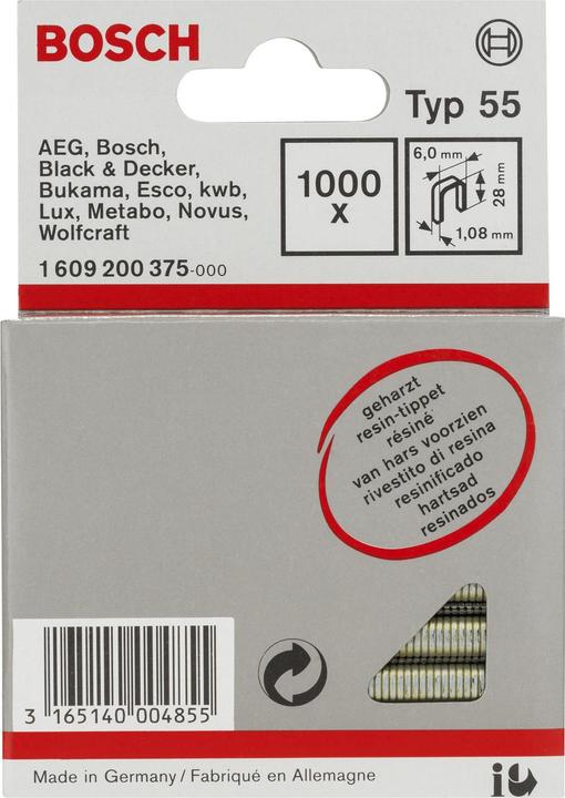 Produktbild Bosch Professional Zubehör Schmalrückenklammer Typ 55, geharzt 6 x 1,08 x 28 mm, 1000er-Pack