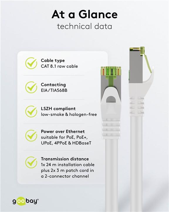Immagine prodotto Goobay Cavo patch RJ45 con cavo CAT 8.1 S/FTP grezzo, bianco (S/FTP, CAT8.1, 7.50 m)