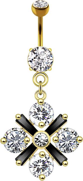 Star Piercing Banane 14k vergoldet mit Anhänger Blumenkreuz Kristall (Messing, Chirurgenstahl 316L)
