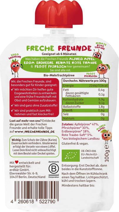 Image du produit Freche Freunde Pomme - pêche - fraise - raisin sans ajout de gluten -sucre 6 mois bio 100 g (122 g)