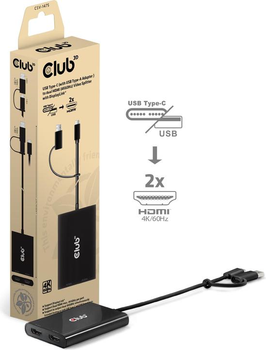 Productafbeelding Club 3D Club3D Adapter USB-C (USB A Adapter) > 2x HDMI 4K@60Hz St/Bu detailhandel (USB Type-C, 9 cm)