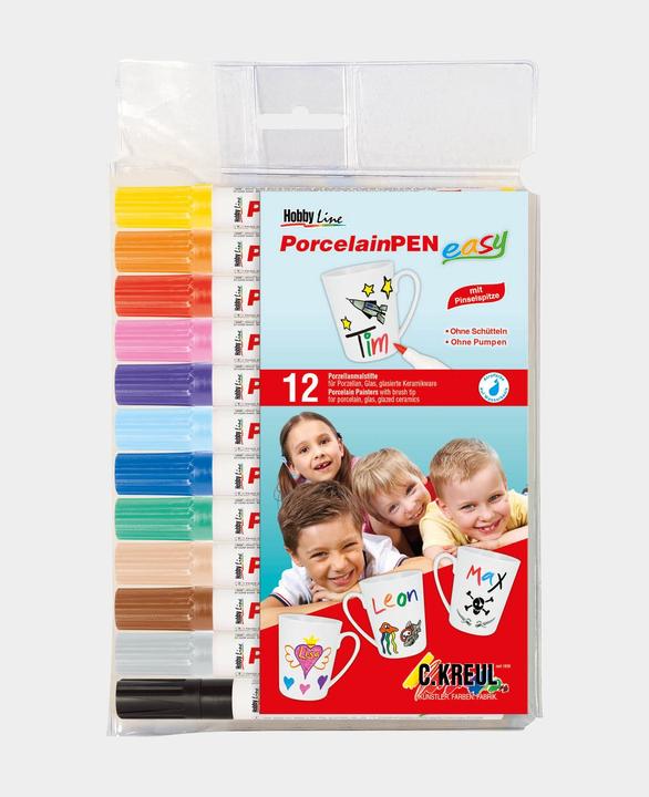 Produktbild Kreul Porzellanmarker "PorcelainPEN easy" Set (Rosa, Braun, Schwarz, Orange, Creme, Gelb, Grau, Violett, Dunkelblau, Dunkelgrün, Hellblau, Kirschrot, 3 mm, 12 x)