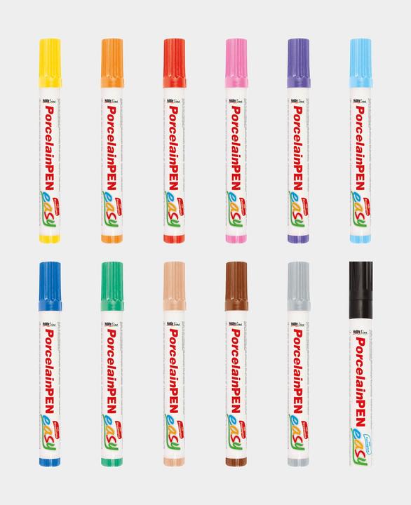Produktbild Kreul Porzellanmarker "PorcelainPEN easy" Set (Rosa, Braun, Schwarz, Orange, Creme, Gelb, Grau, Violett, Dunkelblau, Dunkelgrün, Hellblau, Kirschrot, 3 mm, 12 x)