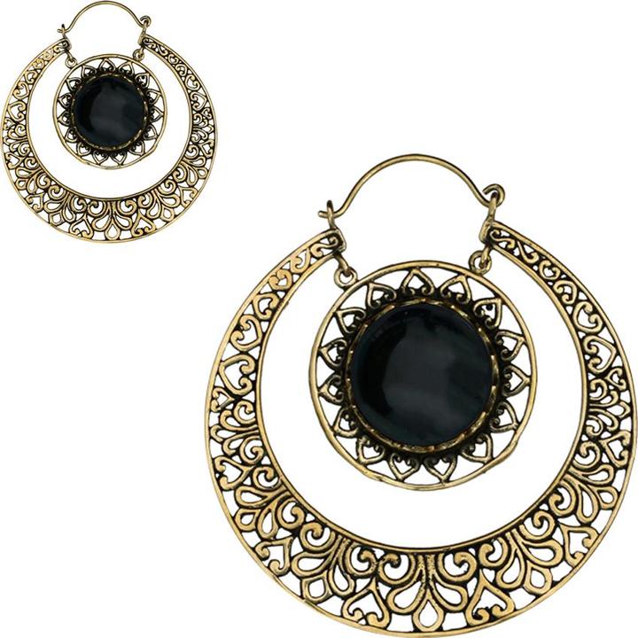 Star Piercing Ohrring vergoldet Creole mit Herzen und Onyx Stein (Messing, Mineralisch)