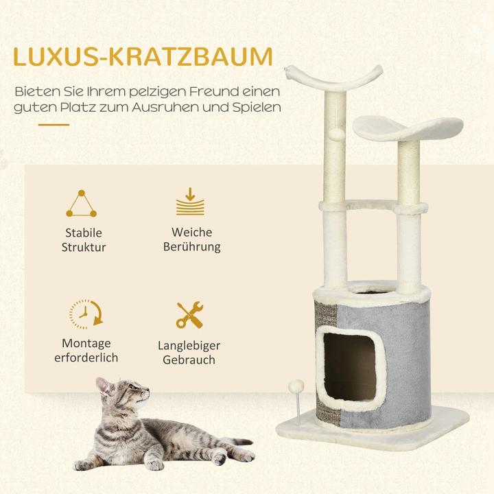 Actual product image PawHut Scratching post with cat cave, two platforms, plush cover, cream white, 48x48x110cm (110 cm, Cream white)