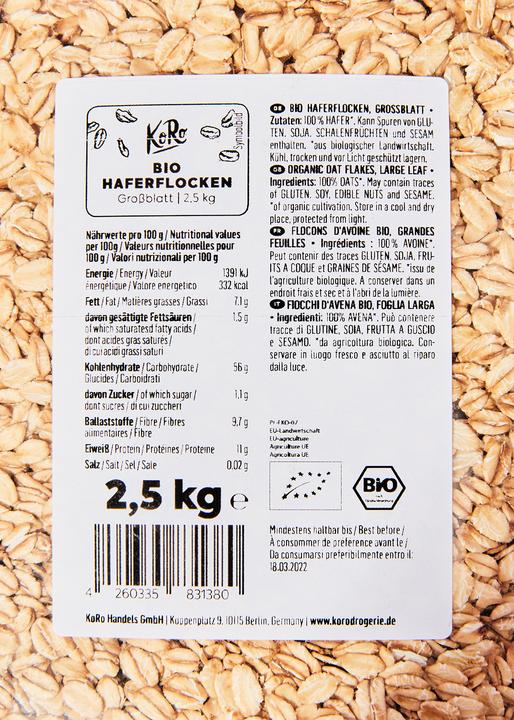 Nutritional values and ingredients KoRo Organic oat flakes (2500 g)