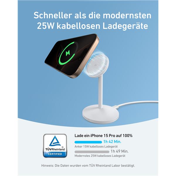 Produktbild Anker MagGo Wireless Charging Stand Qi2 15W MagSafe um 360° drehbar für iphone 12 und höher weiss (15 W)