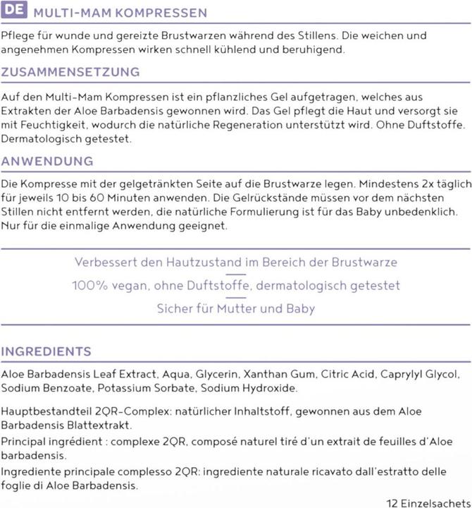 Valeurs nutritives et ingrédients Multi-Mam Kompressen