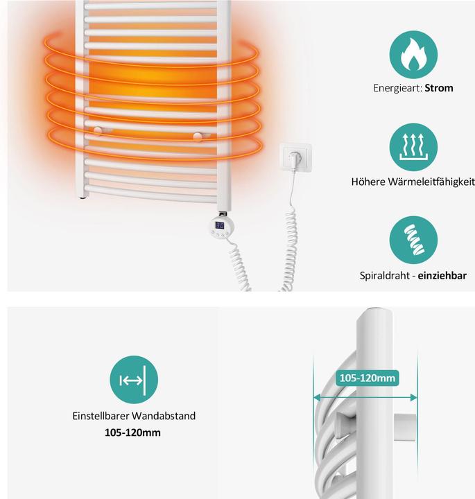 Produktbild Emke Elektrischer Badheizkörper, Badheizung Elektrisch, Weiss 120x60cm 600W (600 W)