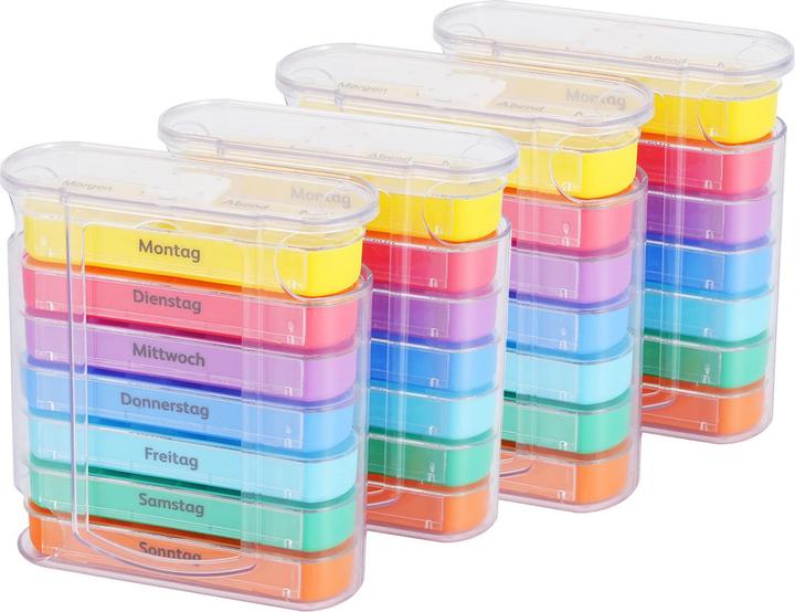 Actual product image Casativo 4er-Set bunte Medikamenten-Boxen für 7 Tage, je 4 Tabletten-Fächer, beschriftet