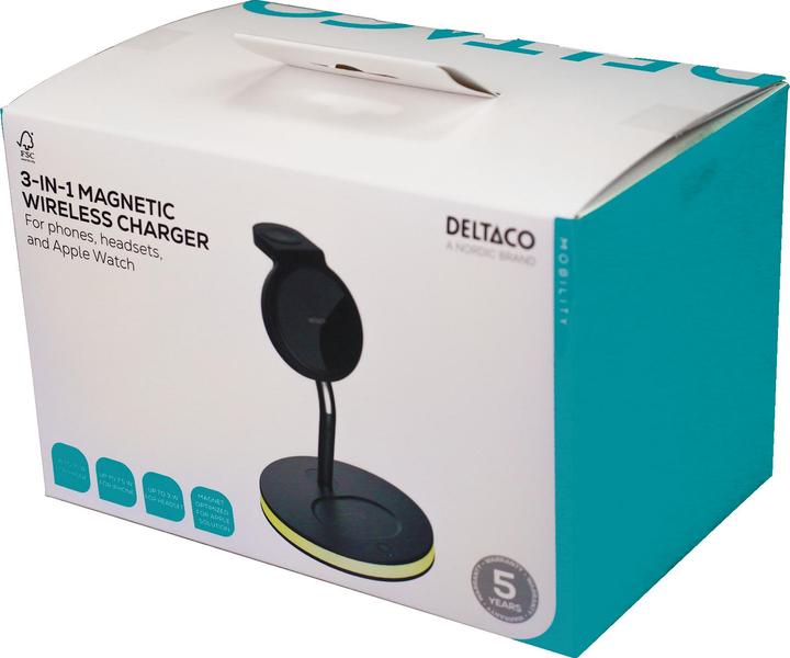 Actual product image Deltaco 3-in-1 magnetinis belaidis įkroviklis, telefonas/TWS/laikrodis, LED lemputė / QI-1041 (18 W)