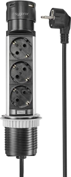 Produktbild Sygonix SY-4997104 Steckdosenturm Schwarz, Edelstahl Schutzkontakt 1St. (3 x, CEE 7/3, 1.50 m)