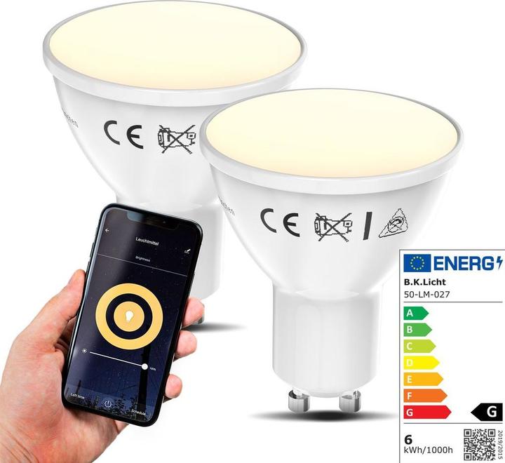 B.K.Licht WIFI LED Leuchtmittel, 2er-Set, GU10/5,5W/350lm (GU10, 5.50 W, 350 lm, 2 x, G)